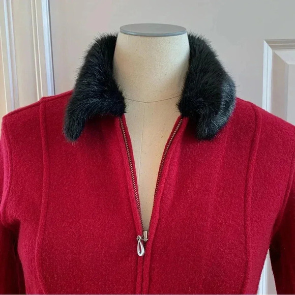 CAROLE LITTLE Boiled Wool Full Zip Faux Fur Collar Sweater Jacket M * Flaw - Picture 9 of 13